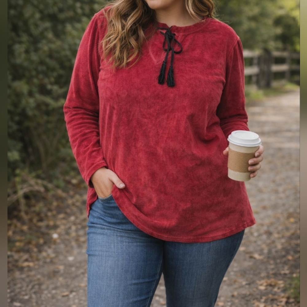 Northern Reflections Red Cotton Blend Long Sleeve Top Soft Cozy Tie Neck